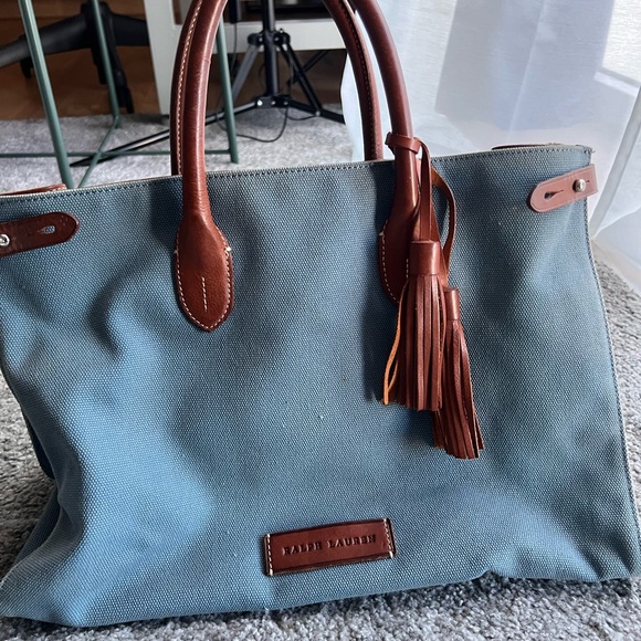 Ralph Lauren Handbags - Ralph Lauren Denim-Blue Canvas Tote with Brown Leather Trim